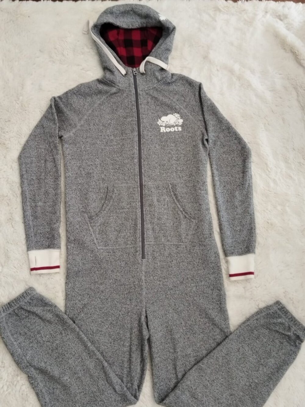 Roots Canada Hooded Onesie Pajama Jumpsuit Medium - Grey Cabin Buffalo Plaid Lin